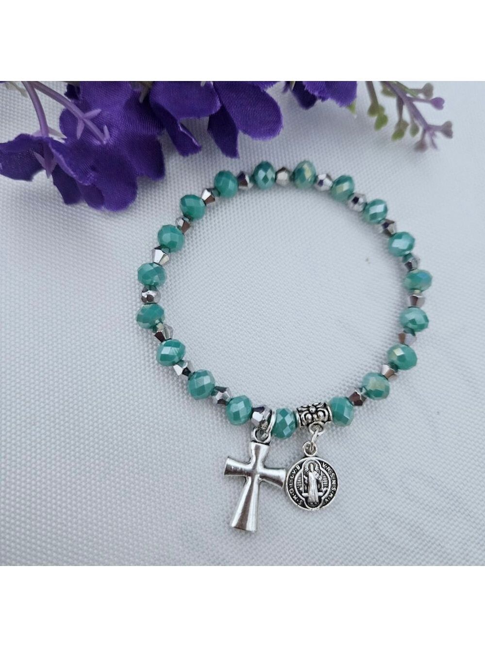 St Benedict Green Glass Beaded Stretch Bracelet